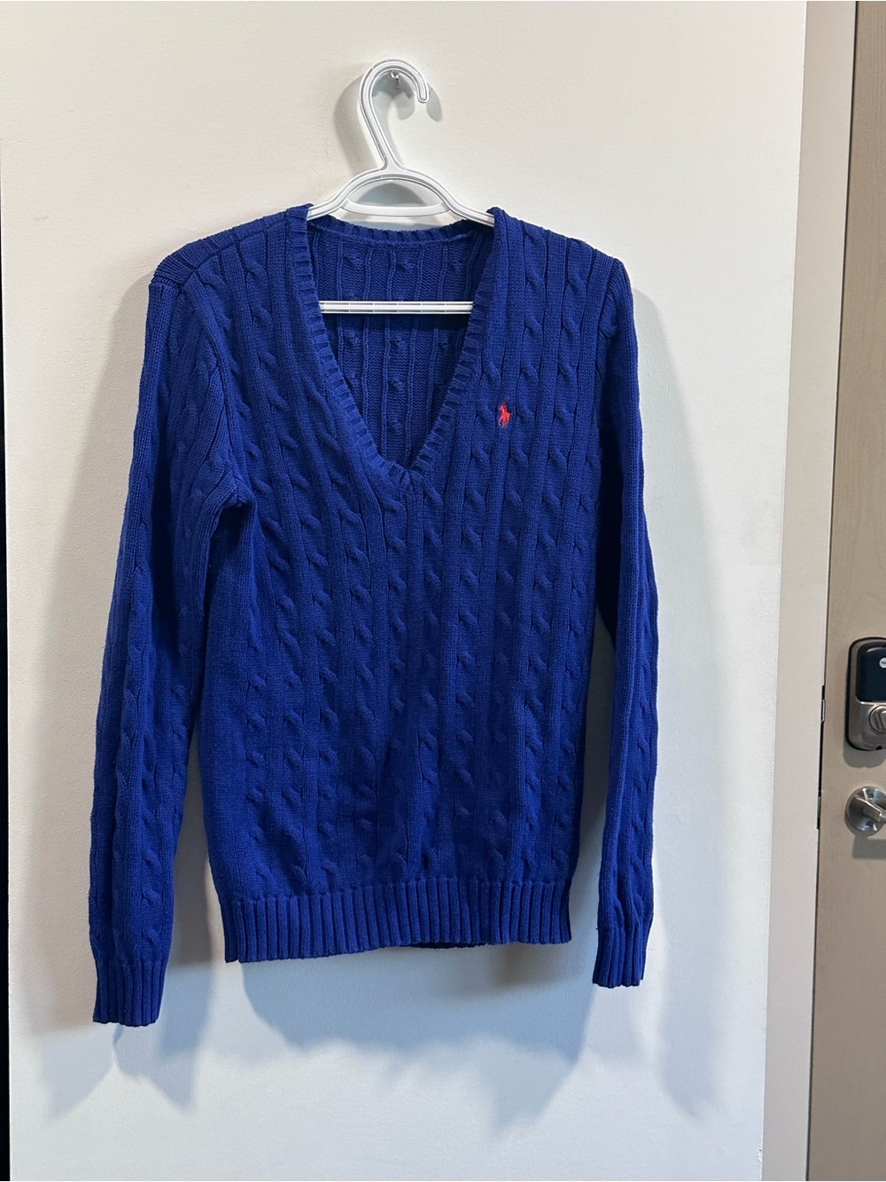 Polo by Ralph Lauren Women's V-Neck Cable-Knit Sweater - Blue with Red Pony
